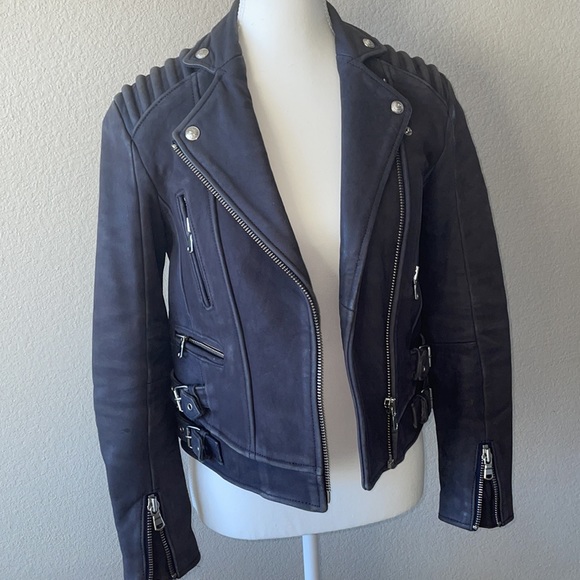 THE KOOPLES BLUE LEATHER BIKER JACKET